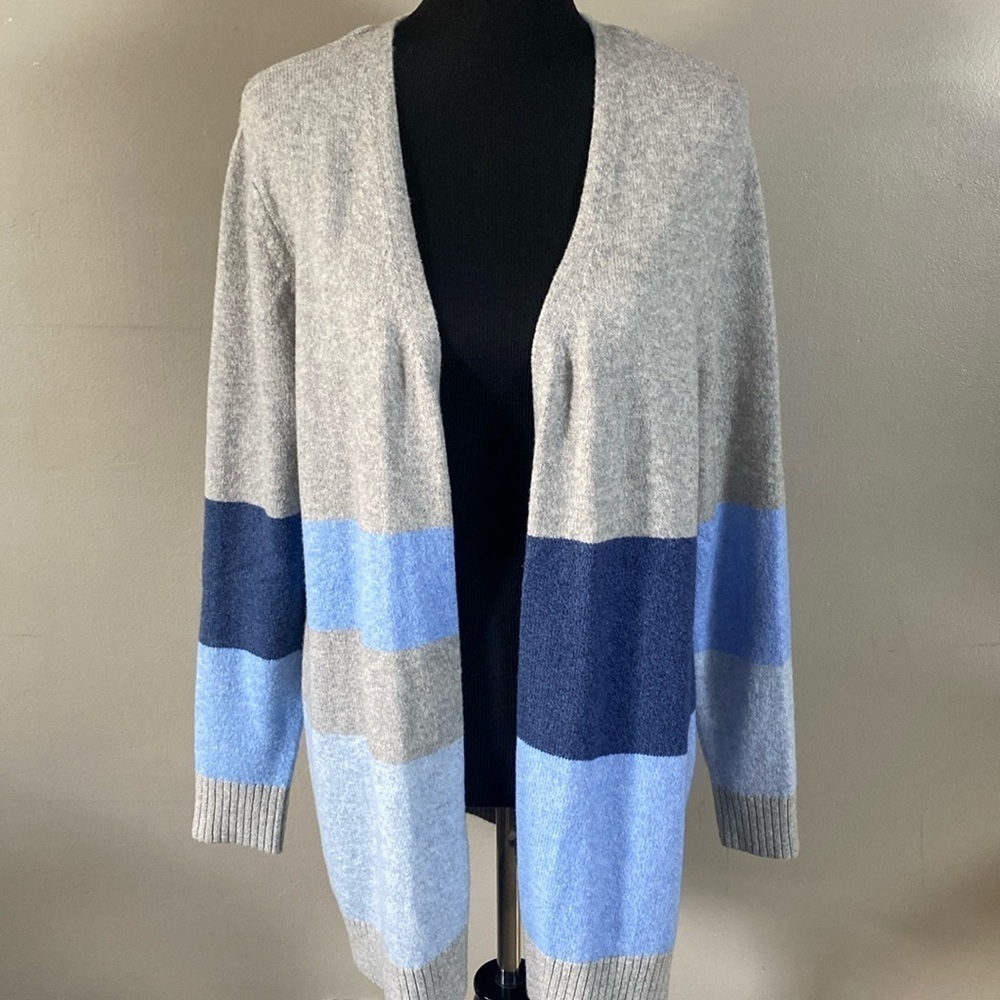 Charter Club Open Front Color-Block Cardigan Sweater Gray & Blues Sz L NWOT